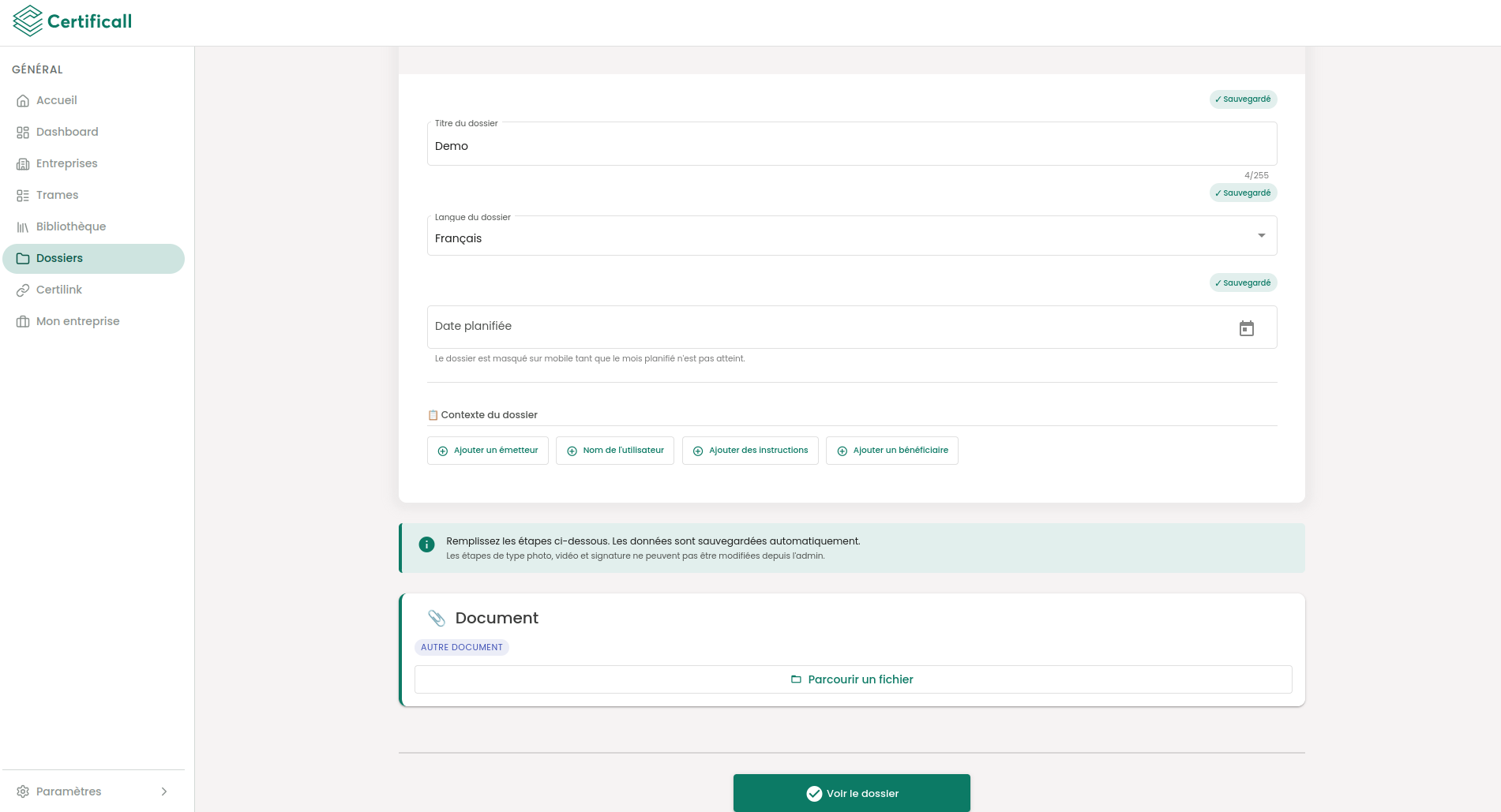 Dépôt d'un document depuis l'interface admin