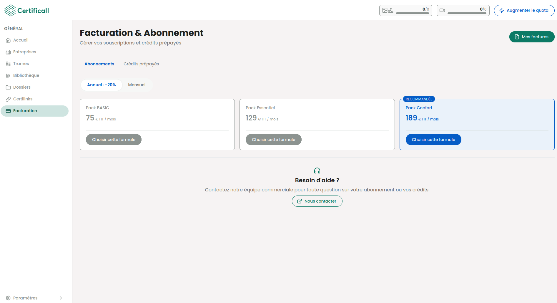 Onglet Abonnements de la page Facturation &amp; Abonnement