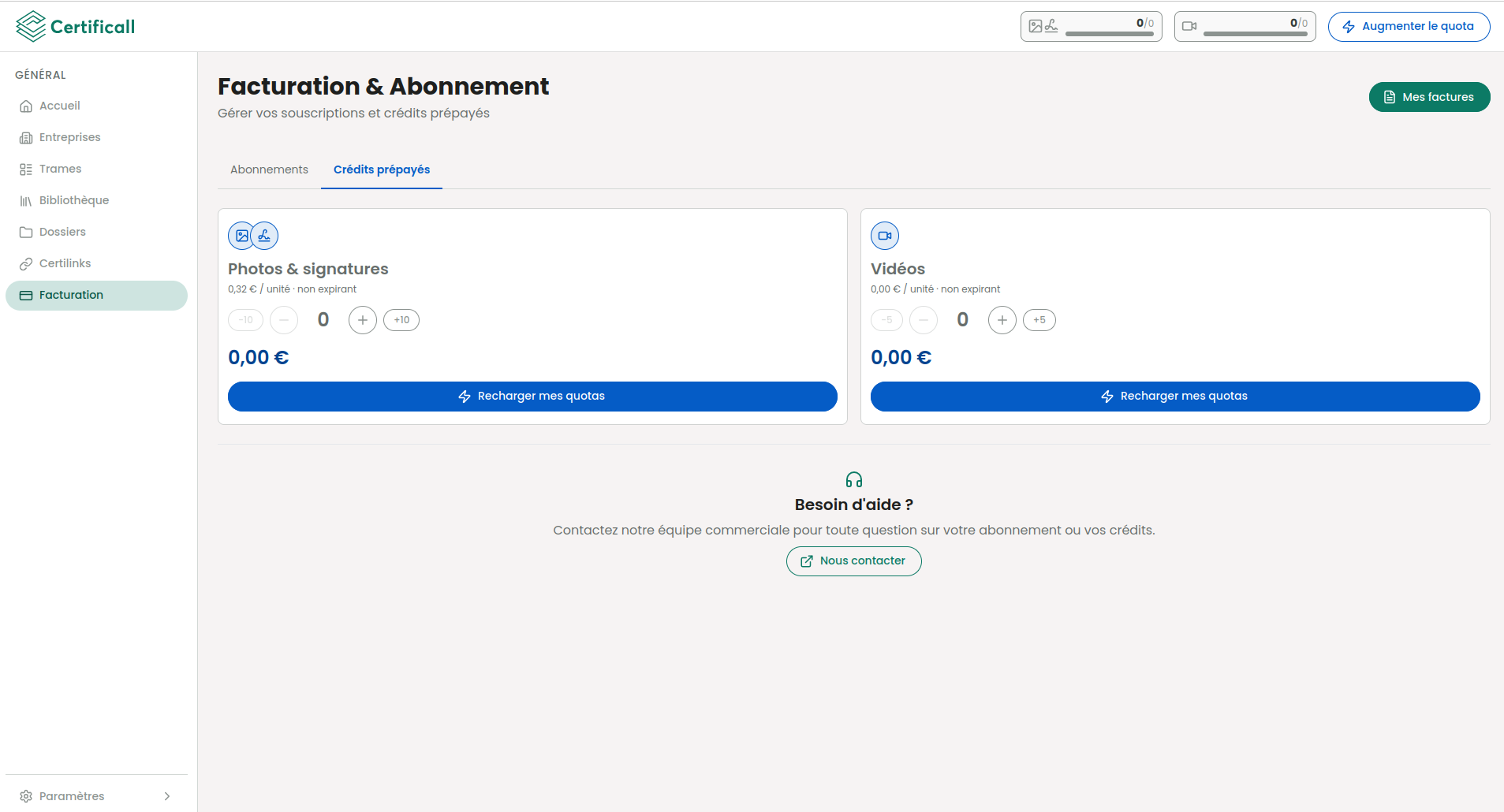Onglet Crédits prépayés de la page Facturation &amp; Abonnement